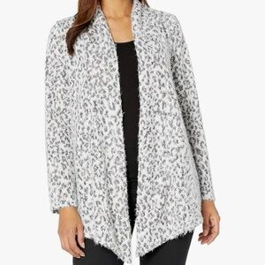 Vince Camuto Long Sleeve Drape Front Fuzzy Snow Leopard  Print Snit Cardigan